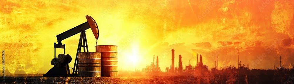 Industrial Oil Pump Jack at Sunset with Silhouetted Refinery in Background Industrial Oil Pump Jack at Sunset with Silhouetted Refinery in Background