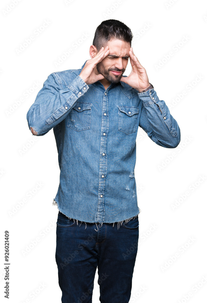 Young handsome man over isolated background with hand on head for pain in head because stress. Suffering migraine. Young handsome man over isolated background with hand on head for pain in head because stress. Suffering migraine.