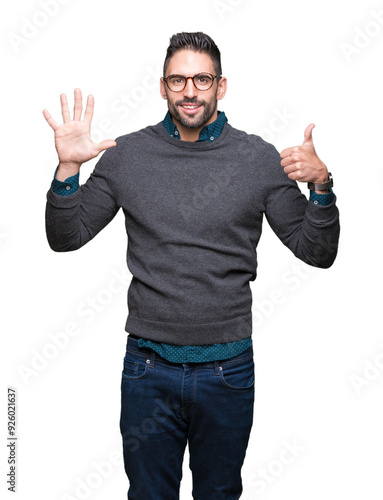 Young handsome man wearing glasses over isolated background showing and pointing up with fingers number six while smiling confident and happy.