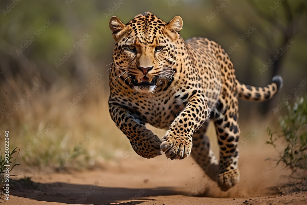 A powerful leopard leaping through the air, its muscular body contorted in a graceful arc as it hunts its next meal. A powerful leopard leaping through the air, its muscular body contorted in a graceful arc as it hunts its next meal.