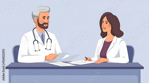 A male doctor with gray hair and a beard discusses medical documents with a female doctor. Both are in white lab coats, seated at a desk in a professional setting.