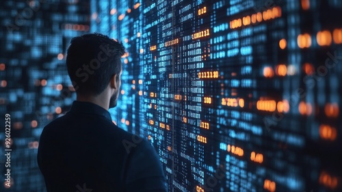 A man analyzes vibrant data streams on a glowing digital wall, showcasing his focus and curiosity in a high-tech atmosphere