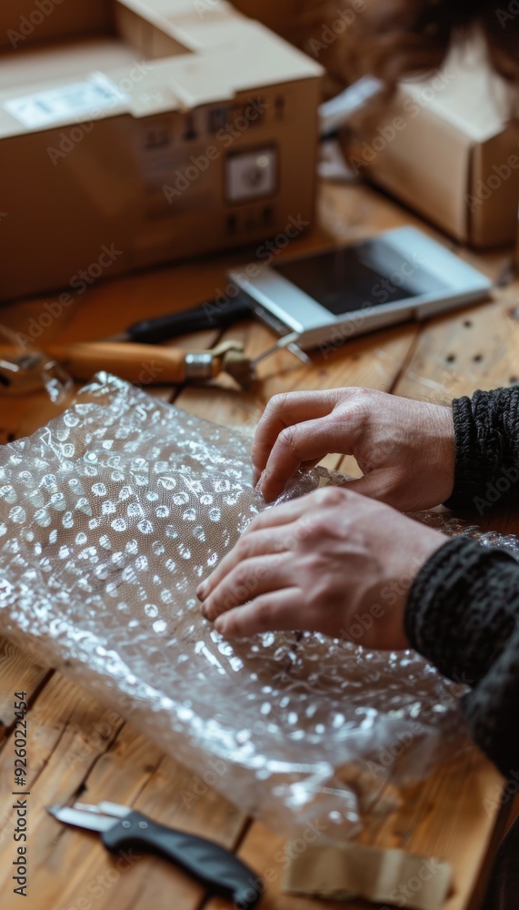 Obraz premium Protective Wrapping Techniques: Hands Securing Bubble Wrap Around Electronic Gadget for Safe Shipping