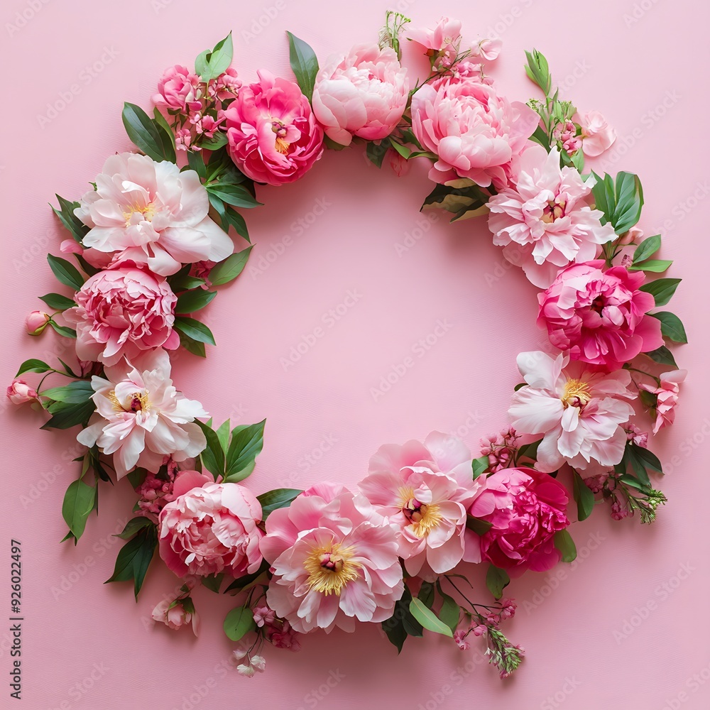 Pink Peony Wreath on Pink Background. Pink Peony Wreath on Pink Background.