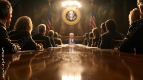 Wallpaper Mural Government Officials in a Meeting Room with Presidential Seal and American Flags in Background Torontodigital.ca