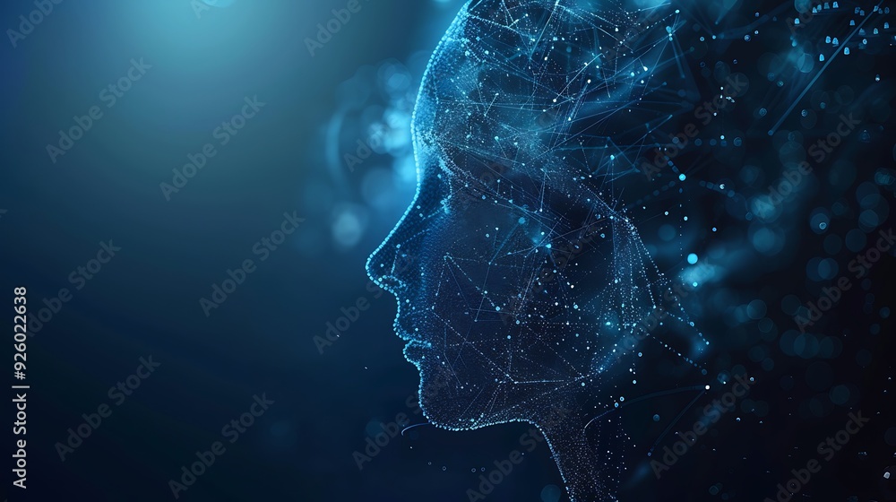 Abstract blue digital face with glowing particles and bokeh. Abstract blue digital face with glowing particles and bokeh.