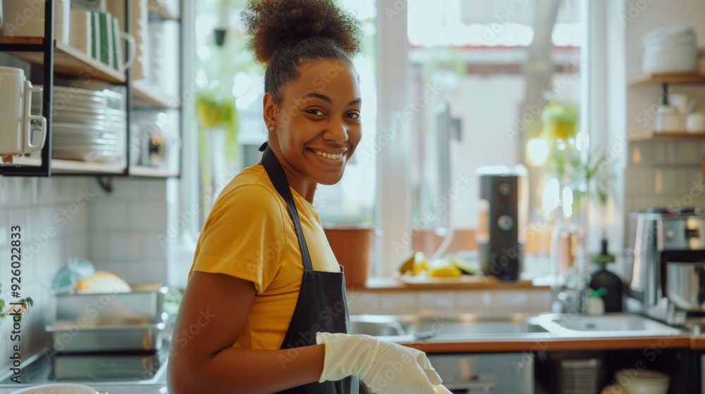 Smiling Housekeeper in Uniform Cleaning a Bright and Airy Kitchen for Stock Photography and Design Smiling Housekeeper in Uniform Cleaning a Bright and Airy Kitchen for Stock Photography and Design