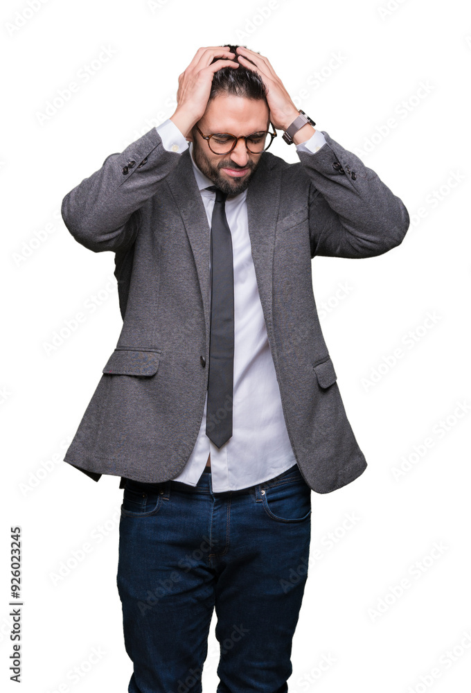 Young handsome business man over isolated background suffering from headache desperate and stressed because pain and migraine. Hands on head. Young handsome business man over isolated background suffering from headache desperate and stressed because pain and migraine. Hands on head.