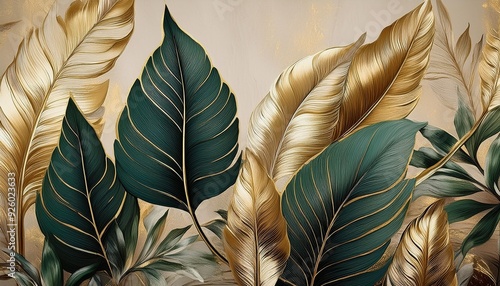 Vintage tropical green brown leaves, beige background, golden texture. Luxury mural, premium wallpaper. 3d painting illustration, watercolor design. 