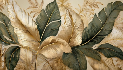 Vintage tropical green brown leaves, beige background, golden texture. Luxury mural, premium wallpaper. 3d painting illustration, watercolor design. 