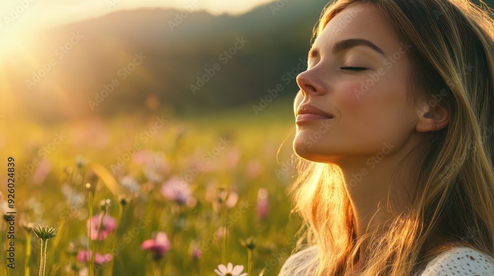 Woman Enjoying Nature in a Sunlit Meadow with Wildflowers and a Serene Expression Woman Enjoying Nature in a Sunlit Meadow with Wildflowers and a Serene Expression