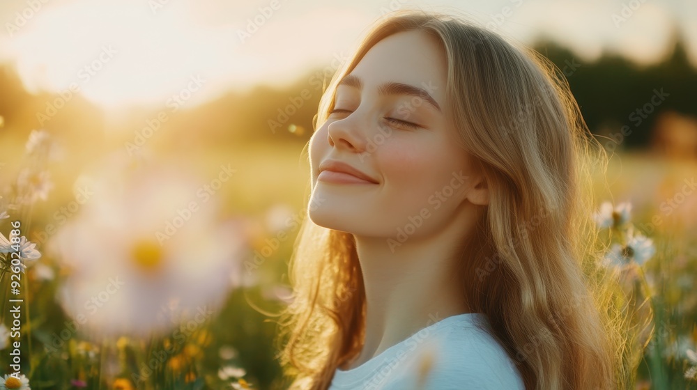 Serene Young Woman Enjoying the Warm Sunlight in a Beautiful Flower Field During Golden Hour Serene Young Woman Enjoying the Warm Sunlight in a Beautiful Flower Field During Golden Hour