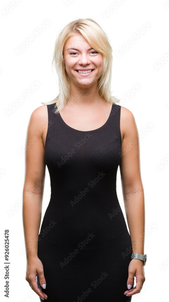 Young beautiful blonde attractive woman wearing elegant dress over isolated background with a happy and cool smile on face. Lucky person. Young beautiful blonde attractive woman wearing elegant dress over isolated background with a happy and cool smile on face. Lucky person.