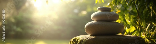 Zen Garden with Balanced Stones in Sunlight, Tranquil Nature Scene, Peaceful Meditation Background photo