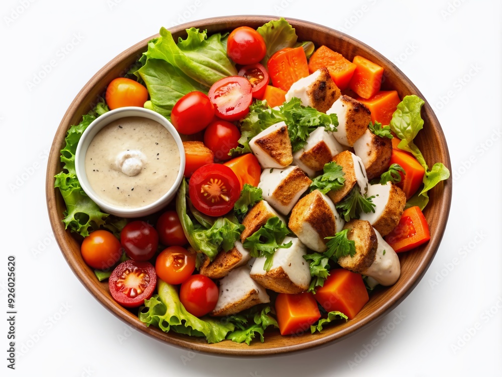 Vibrant top-down view of a ceramic bowl filled with a nutritious chicken salad, roasted sweet potatoes, crisp lettuce, juicy tomatoes, and a dollop of creamy sauce on a clean white background. Vibrant top-down view of a ceramic bowl filled with a nutritious chicken salad, roasted sweet potatoes, crisp lettuce, juicy tomatoes, and a dollop of creamy sauce on a clean white background.