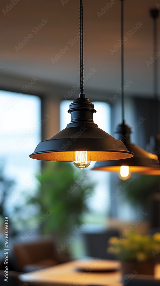 Obraz premium A stylish pendant lamp glows warmly, enhancing the ambiance of a contemporary dining area filled with plants at dusk