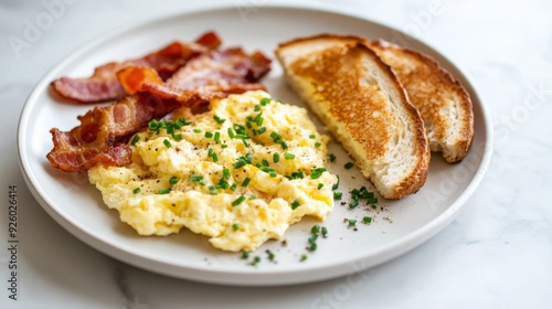 a plate of scrambled eggs with chives crispy bacon