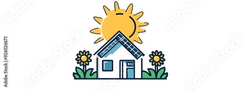 A simple, flat vector logo depicting an off-grid house with solar panels on the roof, a sun in the background, sunflowers, and greenery