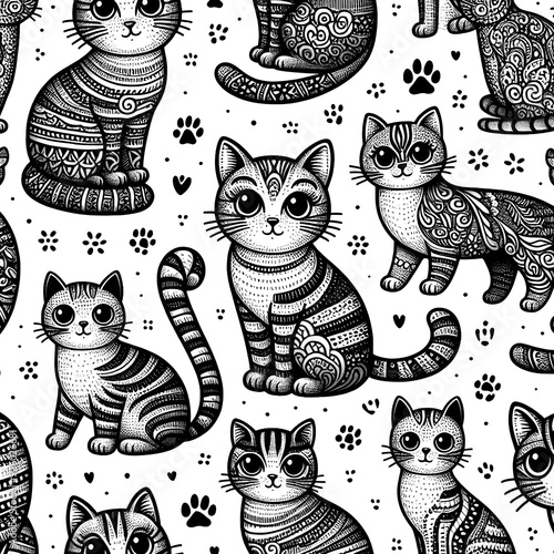 Seamless Pattern of Ornate Cats with Paw Prints and Hearts
