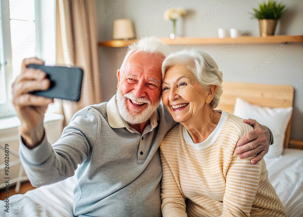 Joyful elderly duo capture a happy selfie in their cozy bedroom, beaming with excitement and affection, sharing a tender moment of love and togetherness. Joyful elderly duo capture a happy selfie in their cozy bedroom, beaming with excitement and affection, sharing a tender moment of love and togetherness.
