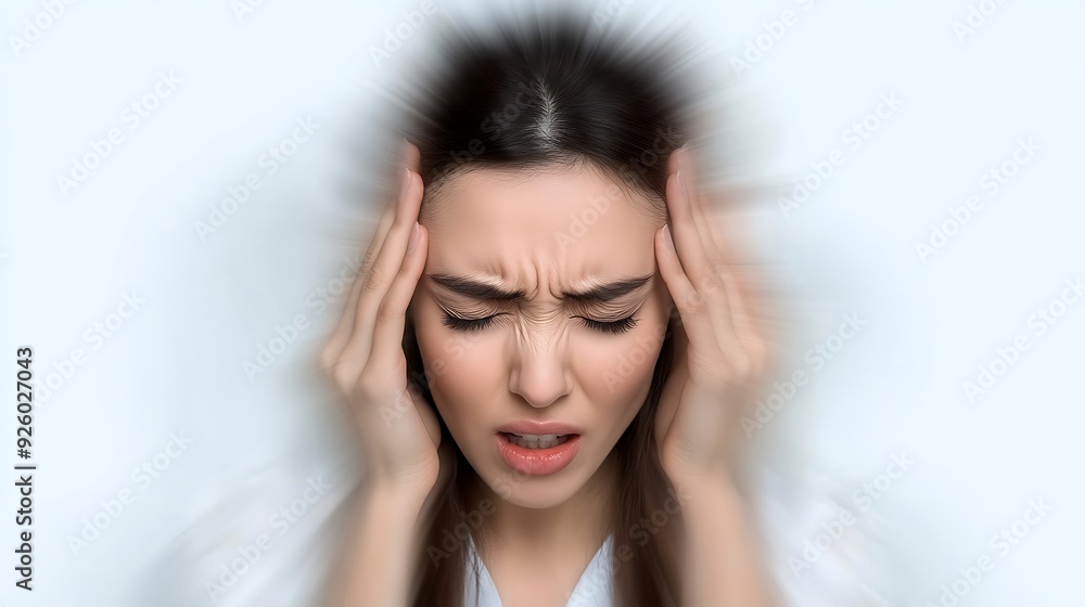 Naklejka premium A young Caucasian woman experiences intense discomfort as she holds her head, illustrating the effects of a headache or stress in a blurred background.