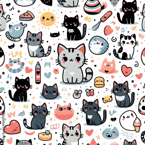 Cute Cat Pattern with Hearts and Stars