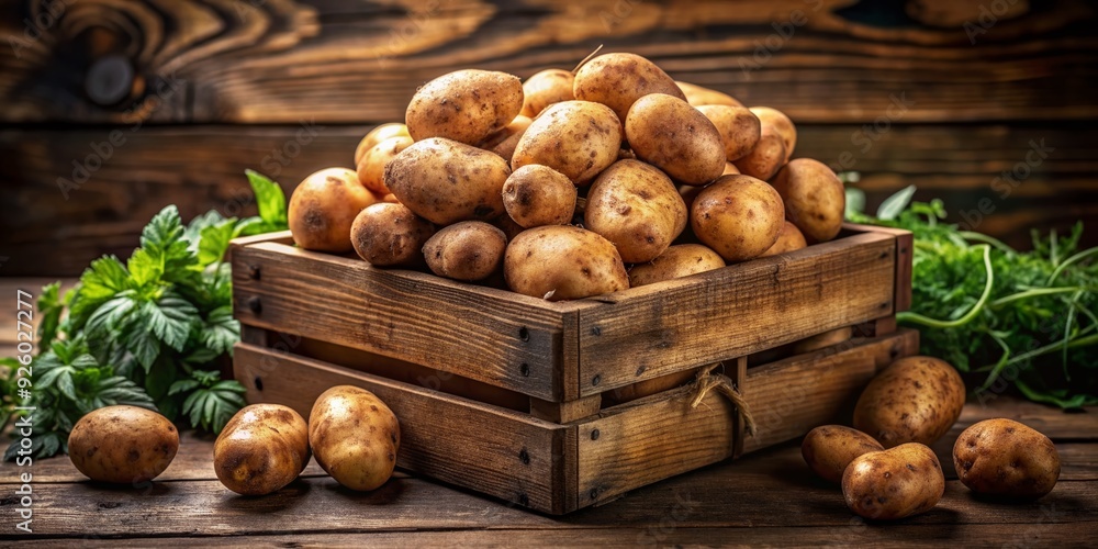 Rustic wooden box overflowing with freshly harvested potatoes, their earthy scent and brown skin glistening in the soft light, evoking a sense of natural simplicity. Rustic wooden box overflowing with freshly harvested potatoes, their earthy scent and brown skin glistening in the soft light, evoking a sense of natural simplicity.