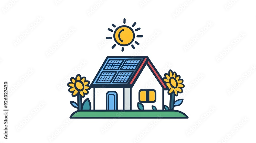 A simple, flat vector logo depicting an off-grid house with solar panels on the roof, a sun in the background, sunflowers, and greenery A simple, flat vector logo depicting an off-grid house with solar panels on the roof, a sun in the background, sunflowers, and greenery