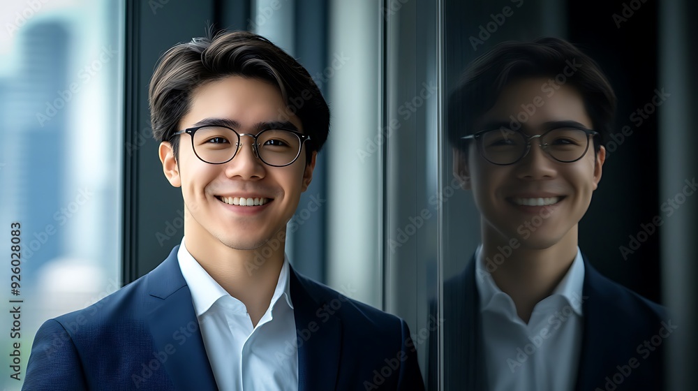 A young Asian male in a navy suit and glasses, smiling confidently by a tall glass window, reflecting his positive demeanor and professional style.