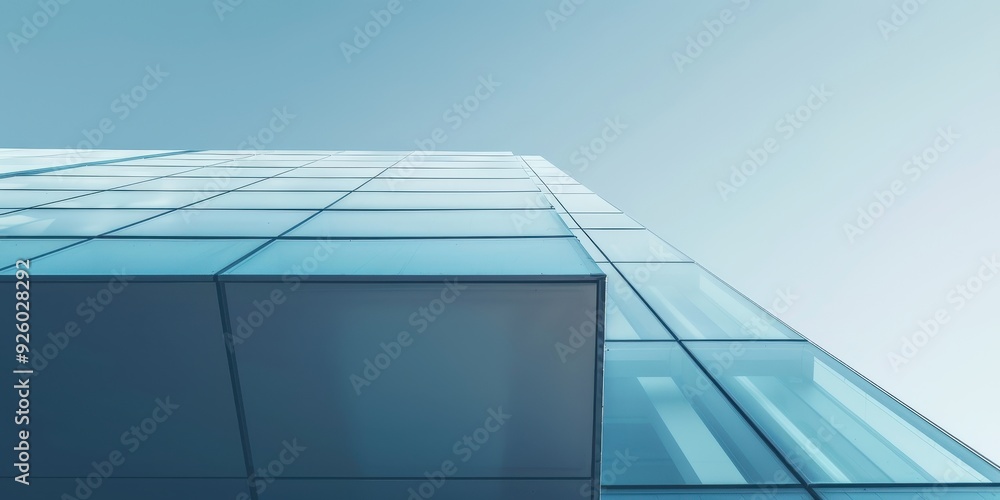 Close-up of a modern steel and glass facade showcasing contemporary architecture against a clear blue sky Close-up of a modern steel and glass facade showcasing contemporary architecture against a clear blue sky