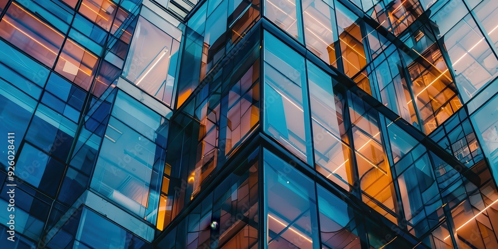 Modern architectural close-up of a steel and glass facade during twilight Modern architectural close-up of a steel and glass facade during twilight