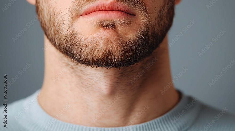 Extreme closeup of a person clenching their jaw, indicating sharp jaw pain and suffering, TMJ disorder Extreme closeup of a person clenching their jaw, indicating sharp jaw pain and suffering, TMJ disorder