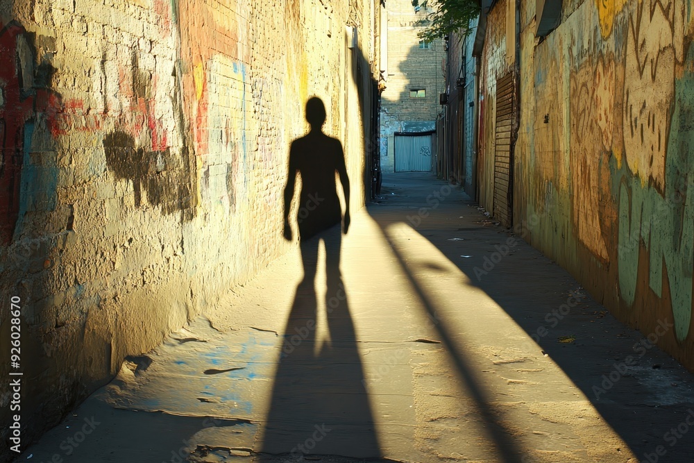 Surreal Inner Conflict - Shadow Separating from Owner in Empty Alleyway with Selective Focus Surreal Inner Conflict - Shadow Separating from Owner in Empty Alleyway with Selective Focus