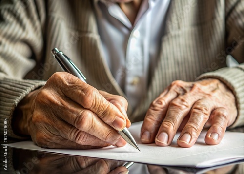 Aging hands carefully signing a legally binding document, wrinkled fingers grasping a pen, with a sense of finality and importance, in a quiet, contemplative atmosphere. photo