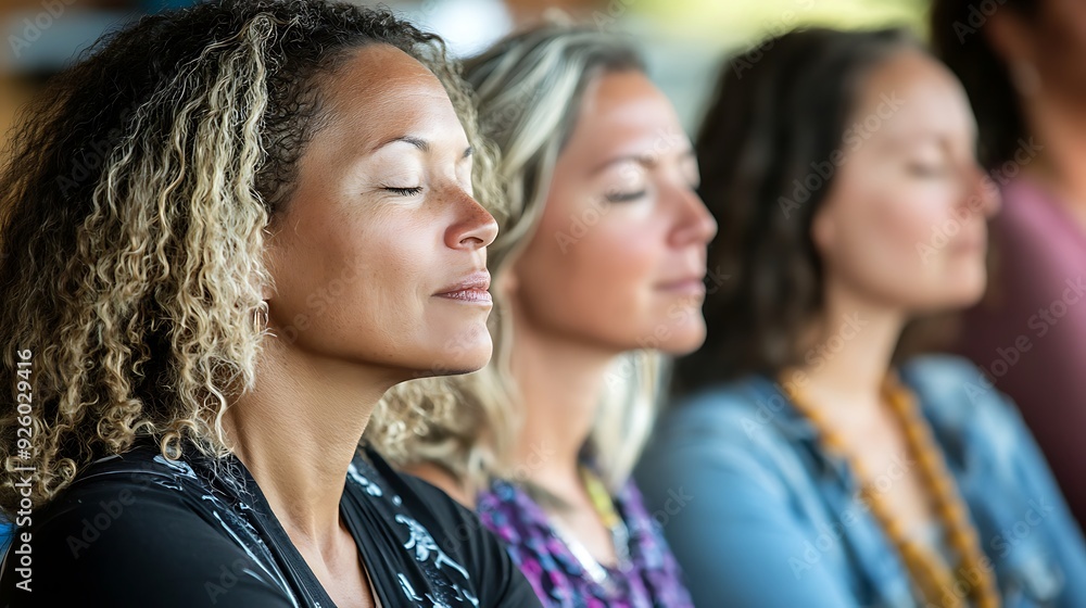 Fototapeta premium Group of three women, including a Latina with curly hair, practicing mindfulness and meditation, creating a serene and harmonious atmosphere.