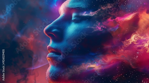 colorful image man closed eyes , thought flight concept , science fiction image , photorealistic high detail image , man meditating sci-fi