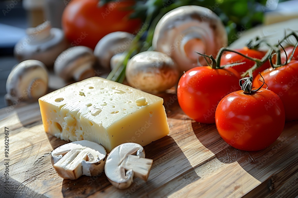 Cheese mushrooms and tomatoes on wooden deck Cheese mushrooms and tomatoes on wooden deck