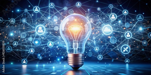 Stylized illustration of a futuristic digital landscape with SEO keywords and analytics icons orbiting a glowing lightbulb, symbolizing innovative online marketing strategies.