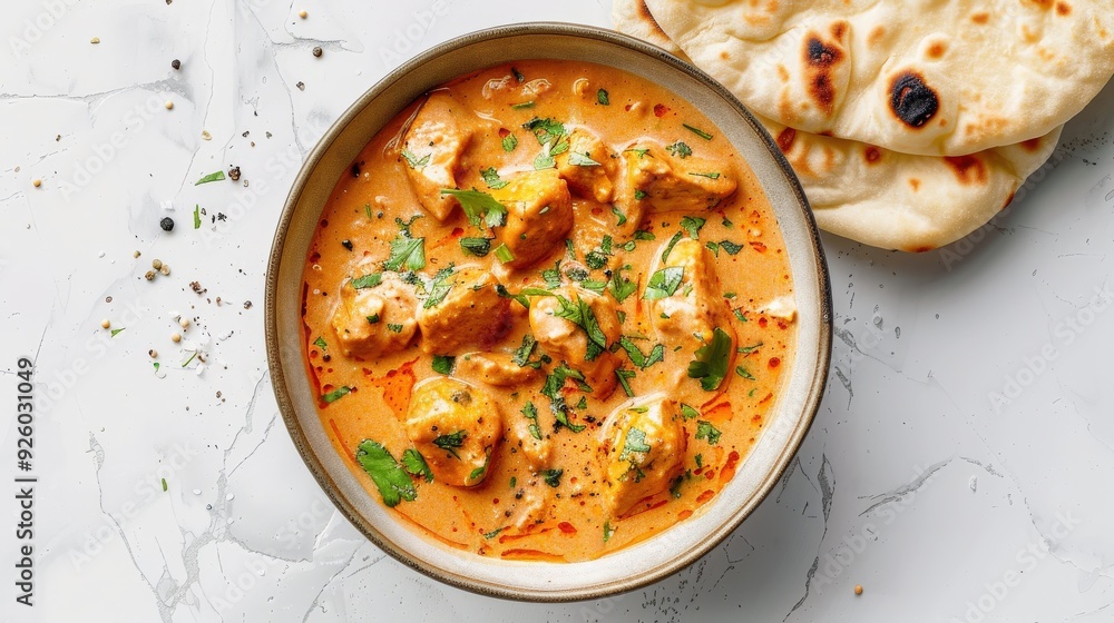 A bowl of red curry with a side of naan bread A bowl of red curry with a side of naan bread