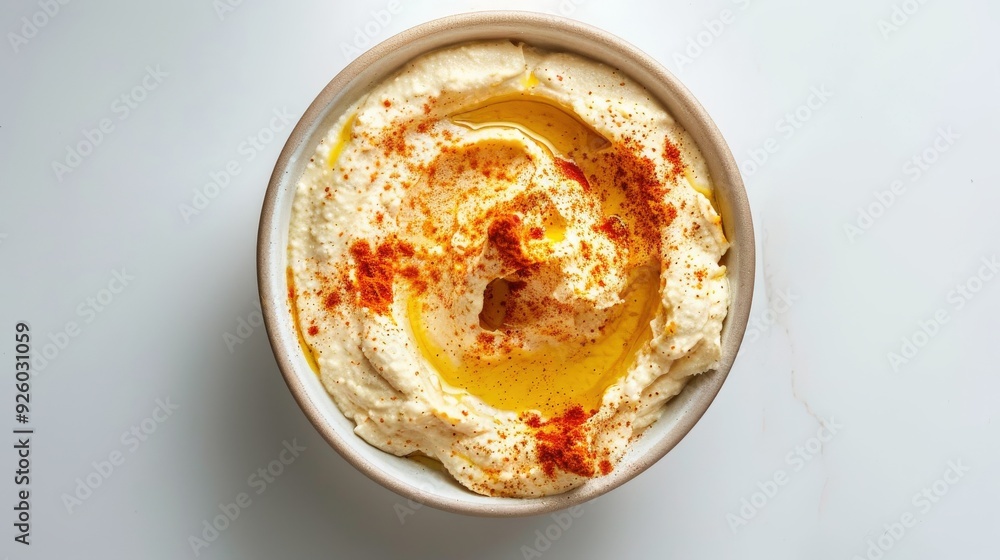 A bowl of hummus with a sprinkle of chili powder