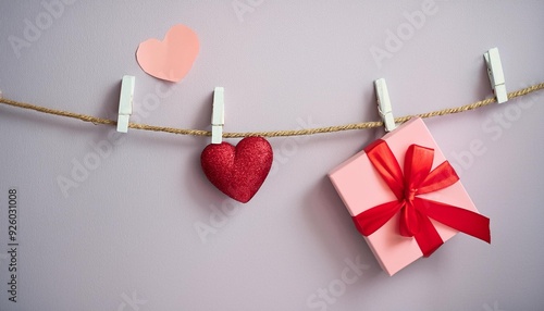 Blank instant photo and red paper heart hanging on the clothesline. Isolated on white. photo