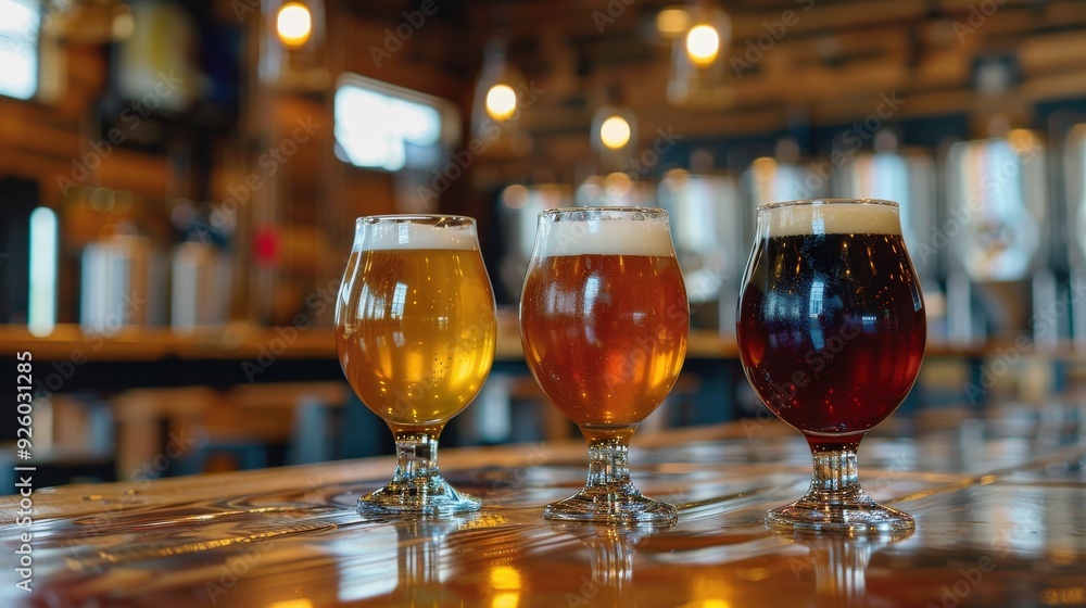 Three glasses of beer on a table, one is light, one is medium, and one is dark Three glasses of beer on a table, one is light, one is medium, and one is dark