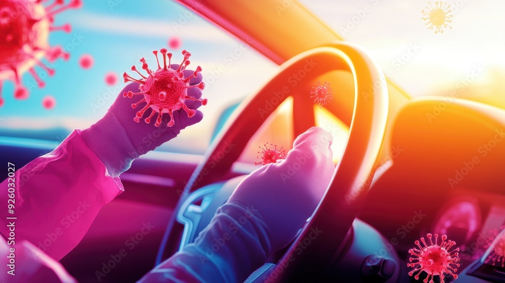 Hygienic Driver in Gloves and Mask Inside Car with Highlighted Germs - Flat Design Illustration Hygienic Driver in Gloves and Mask Inside Car with Highlighted Germs - Flat Design Illustration