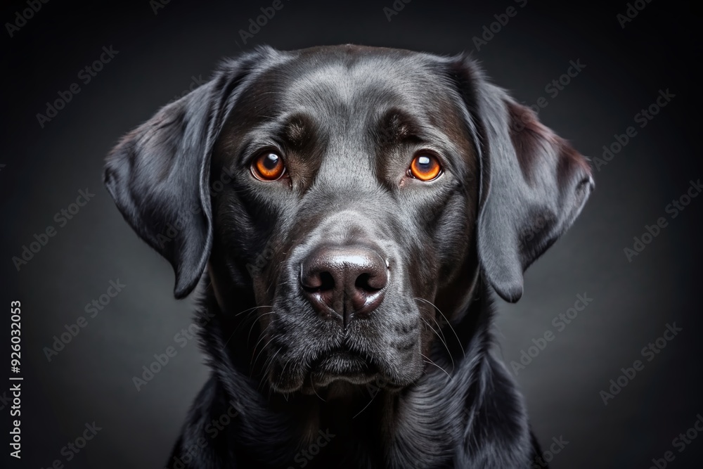 Majestic black Labrador Retriever's face takes center stage against a dark grey background, showcasing sharp details, an intent gaze, and subtle illumination. Majestic black Labrador Retriever's face takes center stage against a dark grey background, showcasing sharp details, an intent gaze, and subtle illumination.
