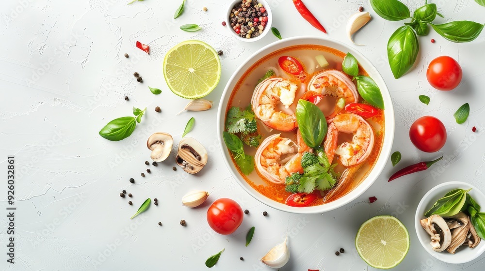 A bowl of soup with shrimp and tomatoes is surrounded by various spices A bowl of soup with shrimp and tomatoes is surrounded by various spices