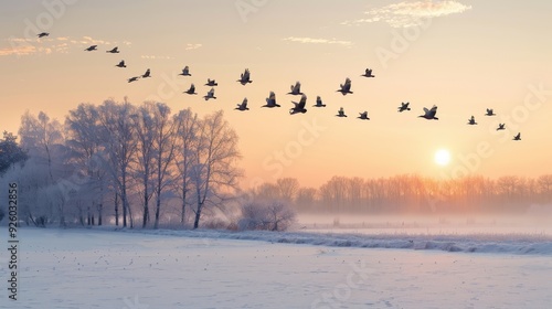 A flock of birds fly in a line across a snowy field