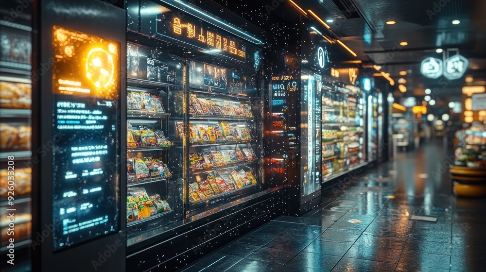 Futuristic Convenience Store with Illuminated Displays Futuristic Convenience Store with Illuminated Displays