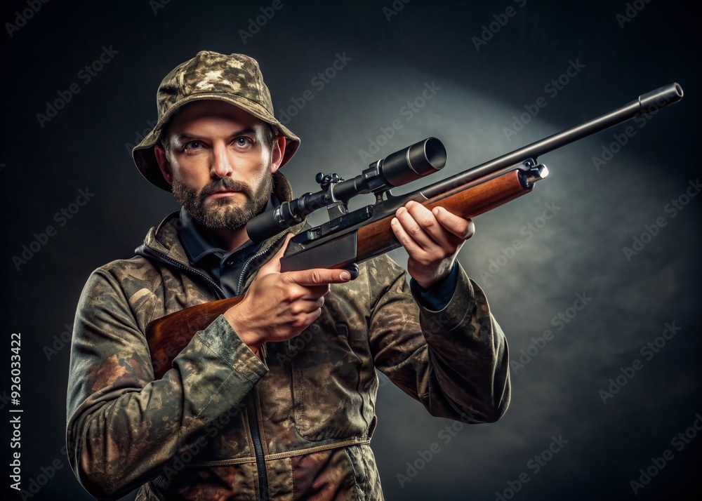 Man wearing camouflage and aiming with modern hunting rifle. Masculine shot ammo game. Generate Ai Man wearing camouflage and aiming with modern hunting rifle. Masculine shot ammo game. Generate Ai