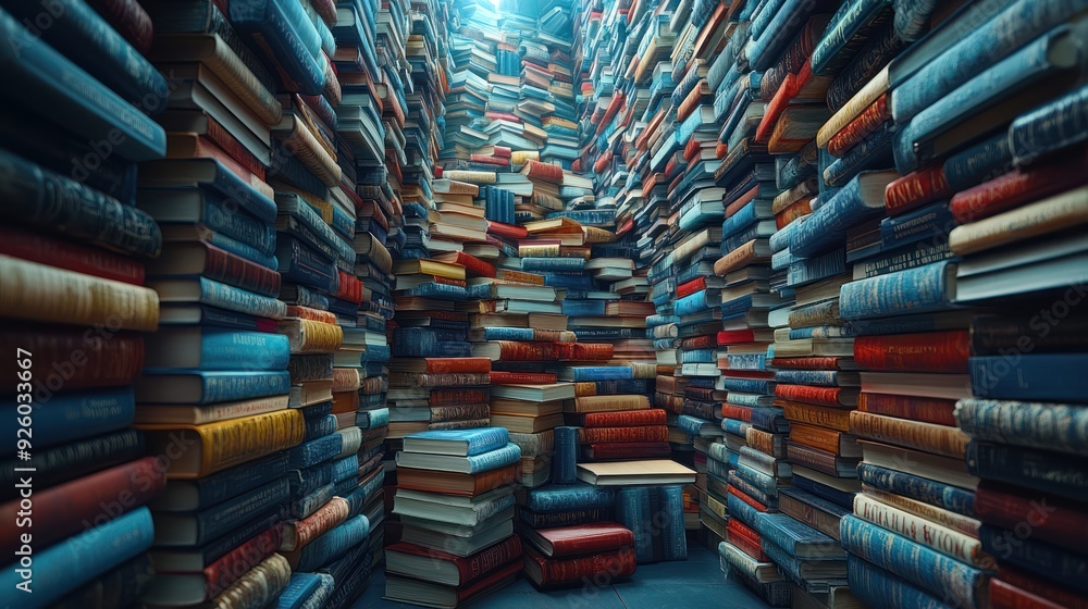 A Tower of Knowledge: Books Stacked High in a Library A Tower of Knowledge: Books Stacked High in a Library