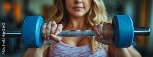  Overweight woman exercising at home, using dumbbells. Workout in living room. 